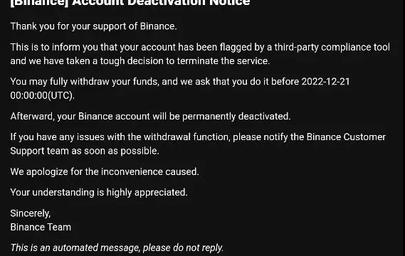 Уведомление о деактивации аккаунта Binance. Что делать?